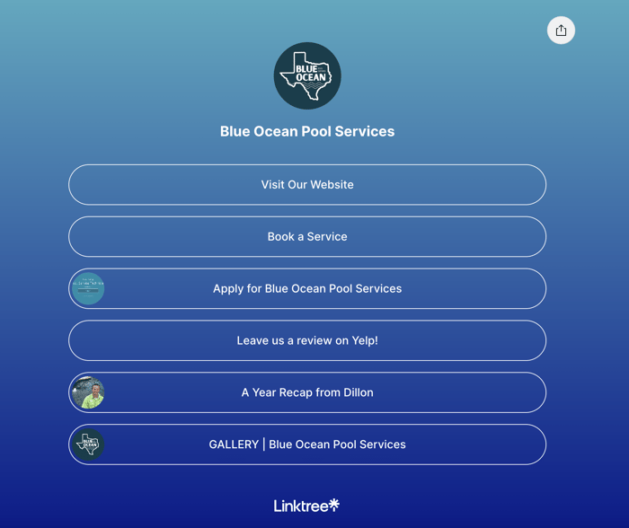 Ejemplo de Linktree de Blue Ocean Pool Services